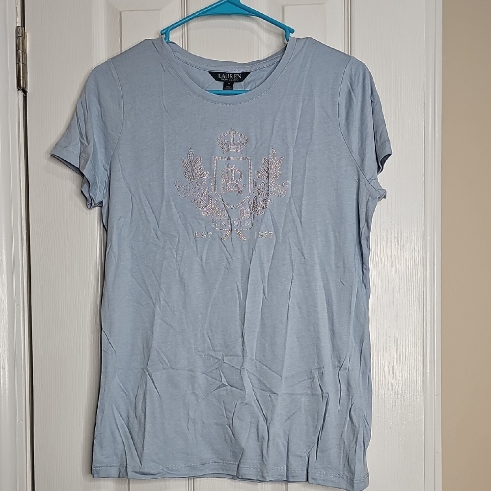 Lauren Ralph Lauren Light Blue Embellished Tee NWT Soft Material